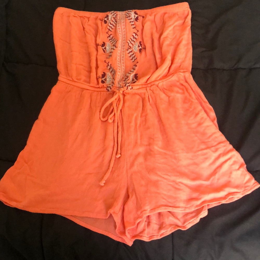 Blue and maroon embroidered coral beach romper